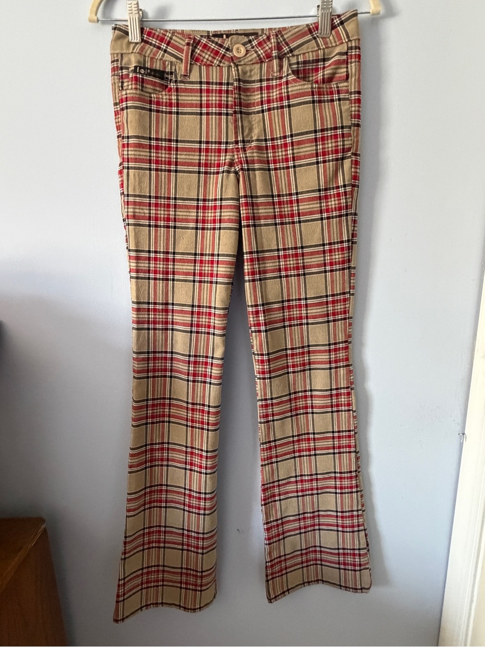lei Beige, Red and Black Plaid Lowrise Flare Pants